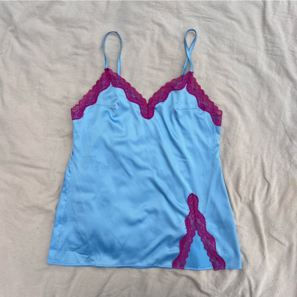 Satin Blue Camisole with Purple Lace Trim